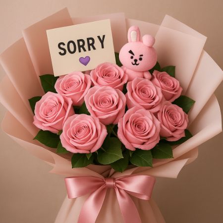 Buket bunga mawar pink mewah dengan pita satin dan kartu bertuliskan 'SORRY'