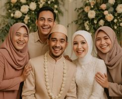 Teman berfoto bersama pengantin di pernikahan Islami di Medan