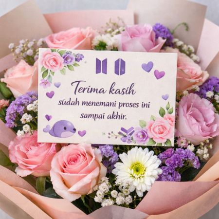 Buket bunga pastel dengan kartu ucapan terima kasih yang cantik dan elegan