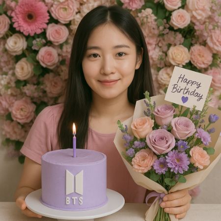 Kue ulang tahun warna pastel ungu dan buket bunga warna pink-ungu bertuliskan “Happy Birthday 💜”