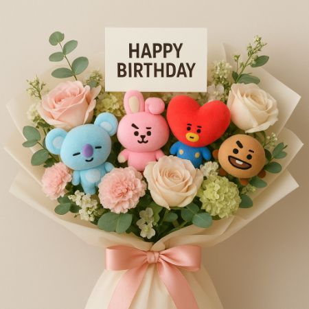 Buket bunga ulang tahun dengan boneka kecil BT21 dan kartu ucapan.