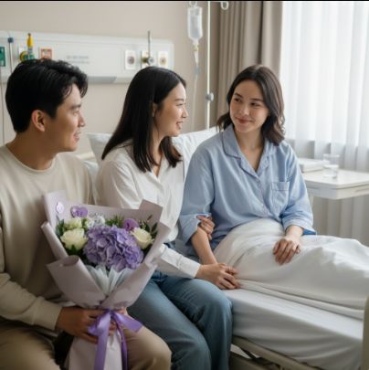 Dua orang menjenguk pasien wanita di ranjang rumah sakit dengan buket bunga.