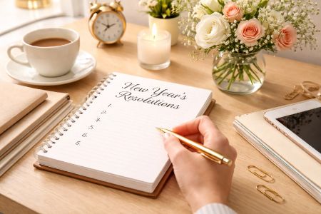 Menulis resolusi awal tahun 2026 di meja kerja dengan bunga segar
