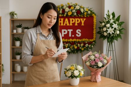 seorang florist memeriksa catatan pesanan customer