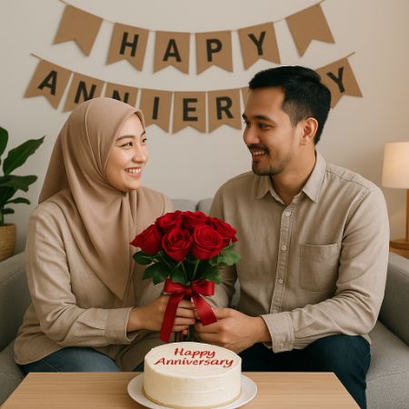 memberikan karangan bunga kepada istri