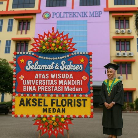 Papan bunga wisuda Universitas Mandiri Bina Prestasi Medan dari Aksel Florist dengan latar kampus dan mahasiswi berjilbab memakai toga.