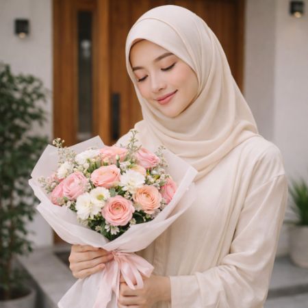 seorang wanita tersenyum menerima buket bunga