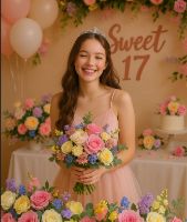 Remaja wanita merayakan pesta Sweet Seventeen dengan dekorasi bunga berwarna-warni dan nuansa pesta yang ceria dan elegan