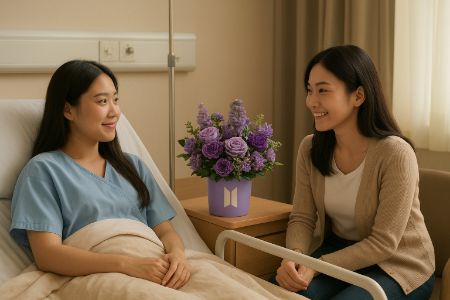 "Seorang wanita muda menjenguk temannya di rumah sakit, keduanya saling tersenyum dengan bunga meja ungu di samping tempat tidur."