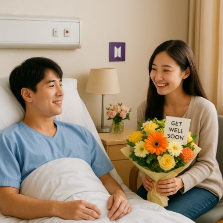 Pasien menerima buket bunga “Get Well Soon” dari wanita tersenyum di ruang perawatan