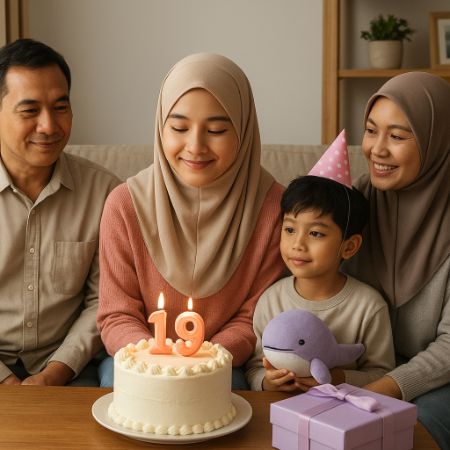 Keluarga merayakan ulang tahun remaja wanita di ruang tamu dengan kue dan lilin angka 19 di atas meja.