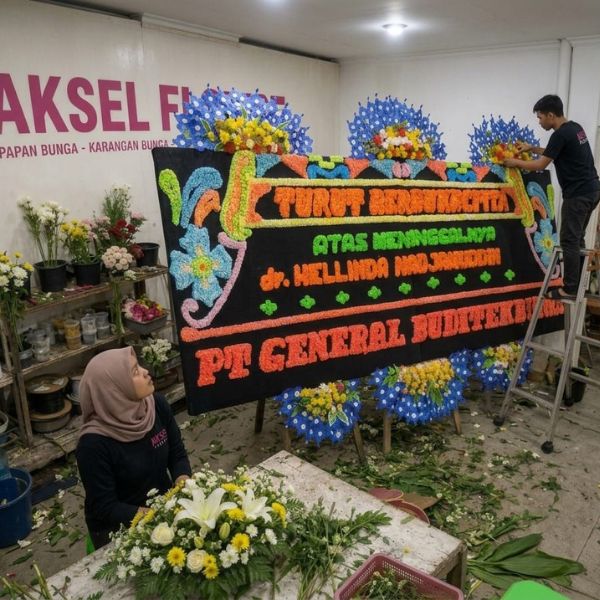 Proses perangkaian papan bunga mahkota di workshop AKSEL Florist