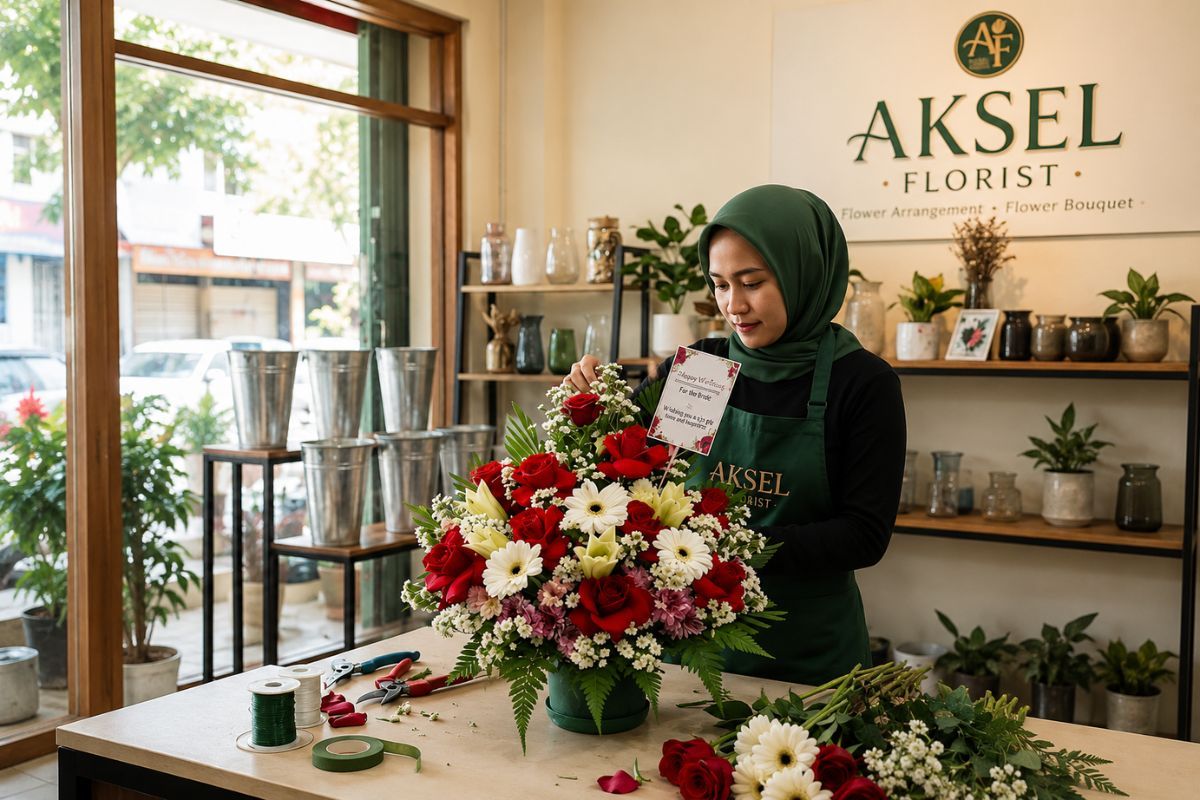 Tim Aksel Florist sedang merangkai bunga meja di Medan untuk berbagai kebutuhan seperti ucapan selamat, duka cita, peresmian, ulang tahun, acara perusahaan, dan dekorasi ruangan dengan hasil yang rapi dan menarik.