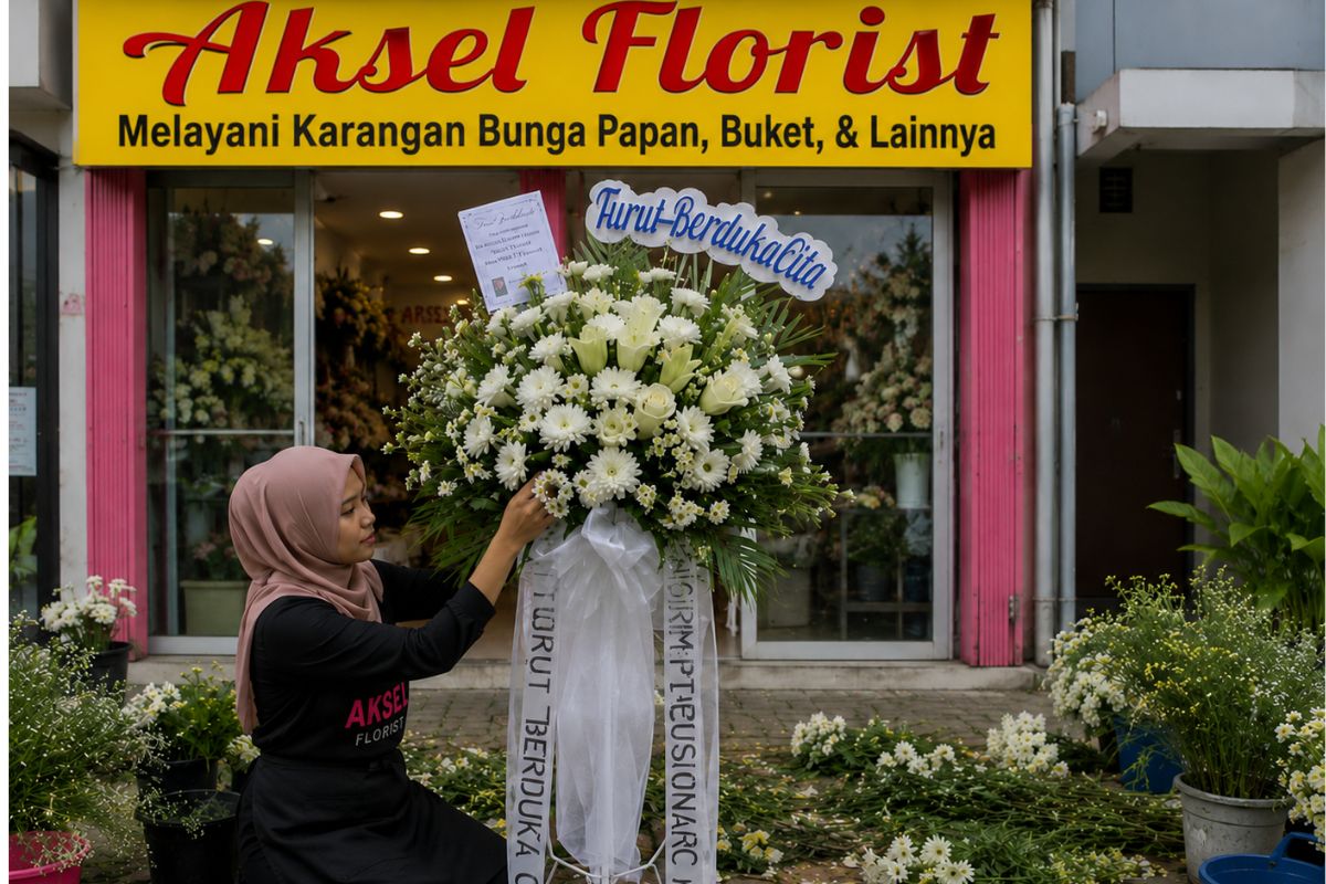 Tim Aksel Florist sedang merangkai Standing Flower Medan